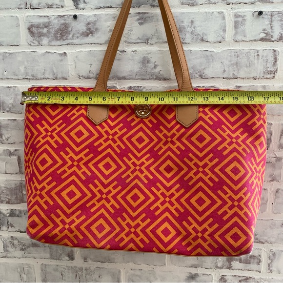 Tory Burch • Large Geometric Canvas Tote • Orange & Pink - Picture 7 of 14